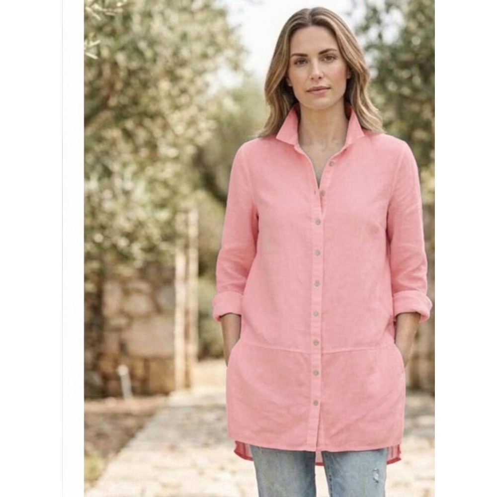 Tahari Linen Tunic Women 3X Pink Excellent Button Down Roll Tab Long Sleeve